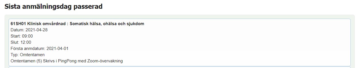 Skärmdump över sidan "Sista anmälningsdag passerad" och exempel på aktivitet.