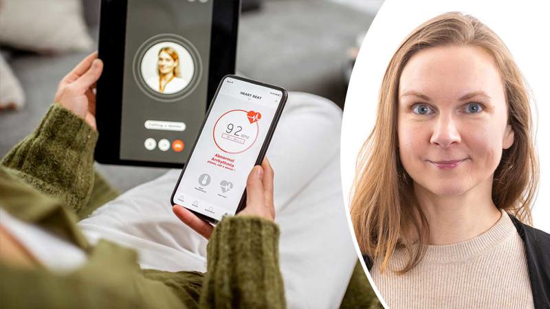 Kollage: Porträttbild på Anna Granath och genrebild på patient med surfplatta och telefon.