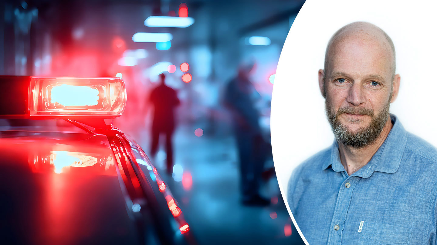 Kollage med blåljus i bakgrunden och porträttbild av Magnus Andersson Hagiwara