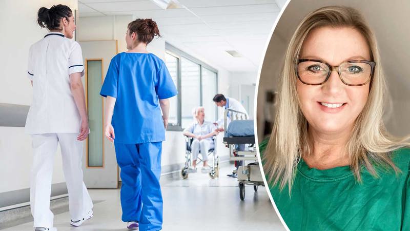 Collage: porträttbild av Sara Larsson Fällman med sjukhuskorridor och vårdpersonal i bakgruden