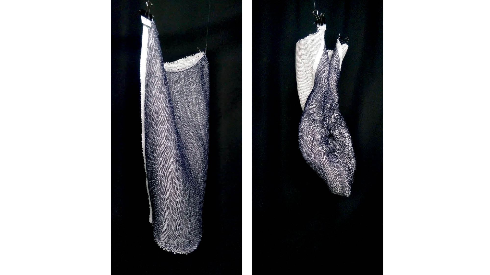 Two hanging samples of linen textile: a firm piece of textile and one twisted, shrunken piece. 